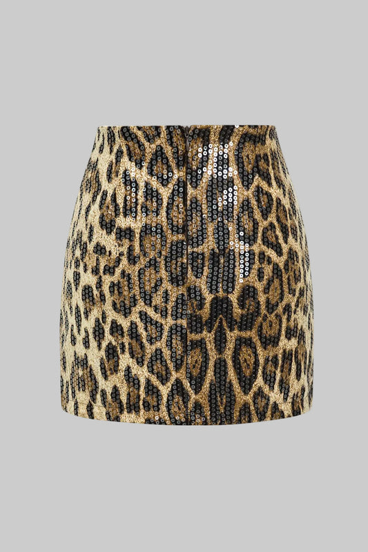 Celestia | Hög Midja Paljettminikjol med Glittrande Djurprint