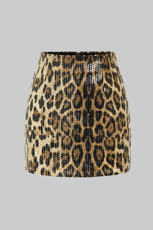 Celestia | Hög Midja Paljettminikjol med Glittrande Djurprint