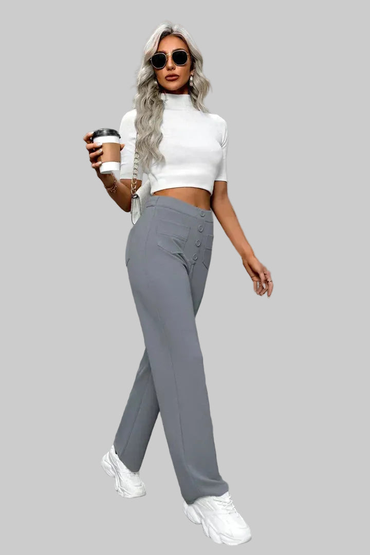 Veryana | Högmidjade Stretchiga Dambyxor Med Knappar Framtill